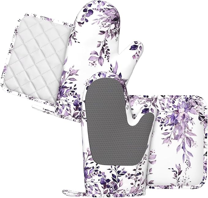 Purple Eucalyptus Oven Mitts and Pot Holders Set, 4pcs Silicone Watercolor Plant Leaves with Floral Oven Glove for Kitchen Heat Resistant Oven Mitts and Potholders Non-Slip for Cooking