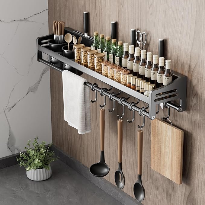 kitchen utensil hanger, wall mounted rail with hooks, waterproof for utensils, easy installation without drilling (27.56 inches, Cups, 2)
