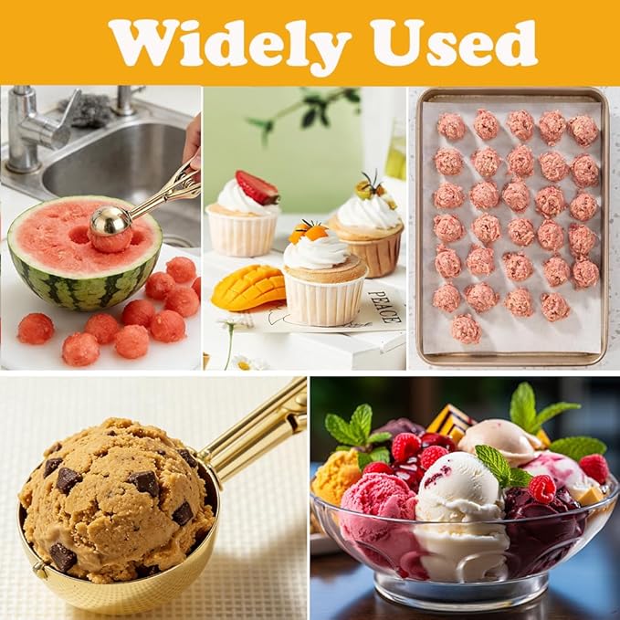 Stainless Steel Ice Cream Scoop Polished Melon Baller Scoop Metal Ice Cream Scoop with Trigger Cookie Scoop for Baking 3 sizes Fruit Spoons Kitchen (Rose Gold, M)