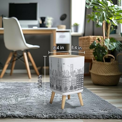 Small Trash Can with Lid Hand drawn panorama New York City skyline cityscape seamless suitable Wastebasket with Press Cover Dog Proof Garbage Can Waste Bin for Kitchen Bathroom Nursery 2.6 Gallon