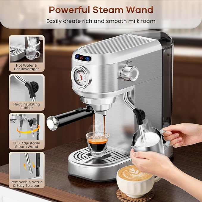 Espresso Machine with Milk Frother, 20 Bar Stainless Steel Coffee Machine, Espresso Maker with 34oz Removable Water Tank for Home, Office, Women or Men