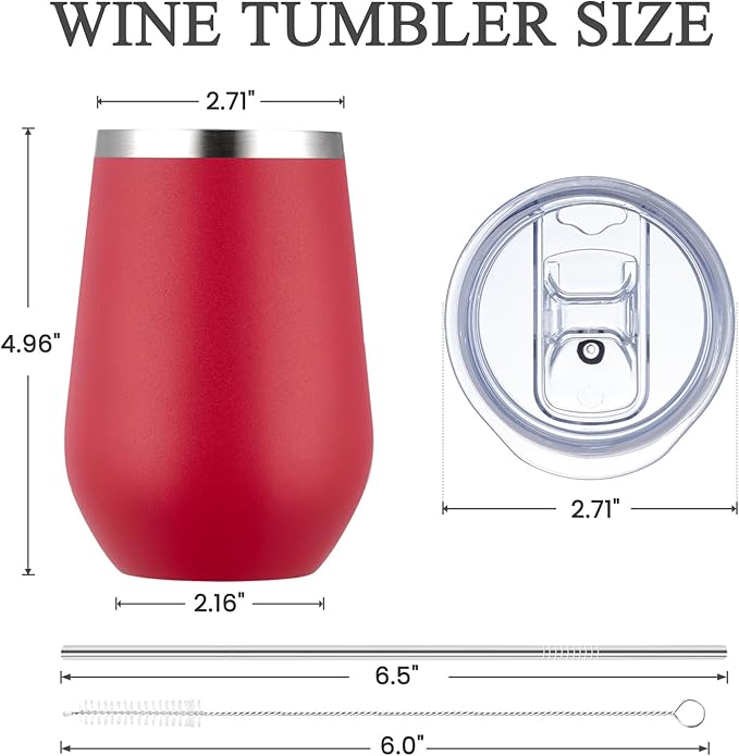 MEWAY Durable 12oz Stainless Steel Wine Tumbler with Lid and straw - Vacuum Insulated Coffee and Wine Cups for Travel, Parties, and Outdoor Events(Red, Set of 8)