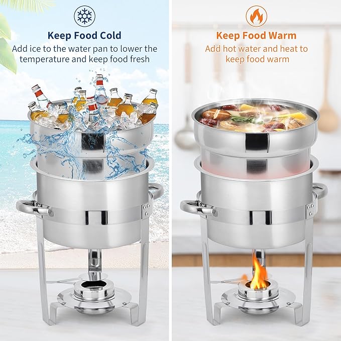 GarveeHome 7QT Soup Chafer Set of 4, Stainless Steel Round Soup Warmer with Pot, Notched Lids & Fuel Holders, Commercial Food Warmer for Buffets, Events and Party Service