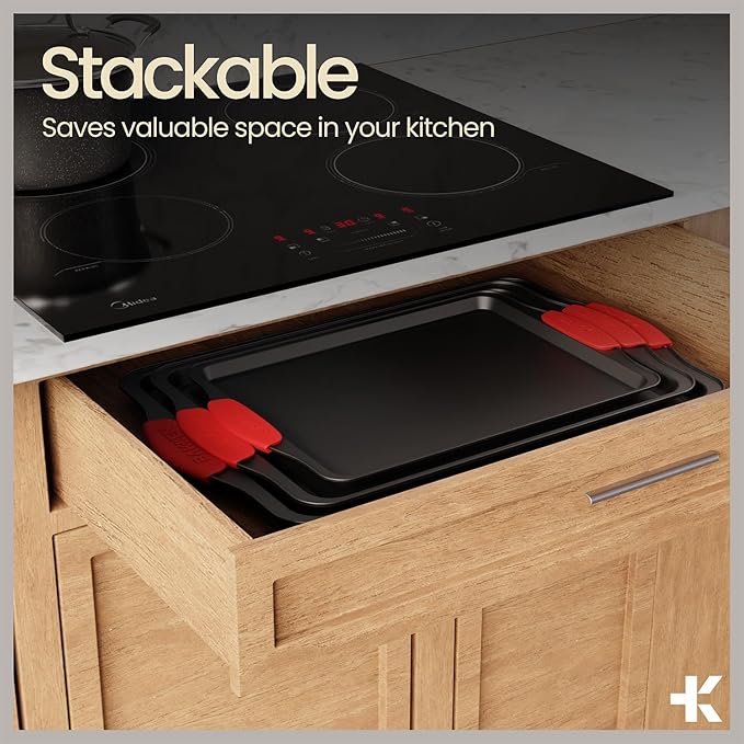 BAKKENMASTER Baking Set – 8 Piece Kitchen Oven Bakeware Set – Deluxe Non-Stick Black Coating Inside and Outside – Carbon Steel – Red Silicone Handles – PFOA PFOS and PTFE Free by Bakken