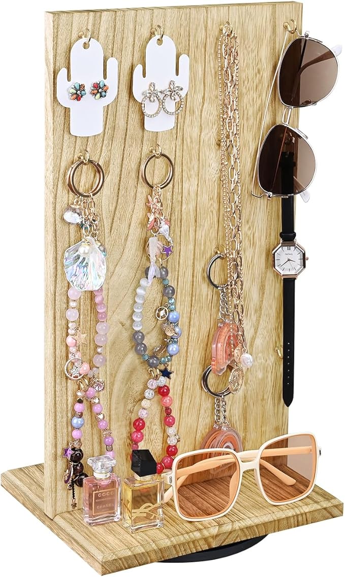 Ikee Design Wooden Rotating Two-Sided Jewelry Display Stand, Rotating Organizer with 32 Hooks for Store, Earring Keychain Display with Hooks, Oak color, 9" W x 7.5" D x 16.5" H
