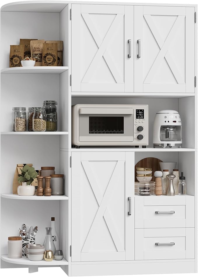 HOSTACK 60.4" Farmhouse Kitchen Pantry Storage Cabinet, Freestanding Hutch with Doors & Shelves, Buffet Sideboard with Microwave Stand, Coffee Bar with Drawers, Cupboard for Dining Room, White