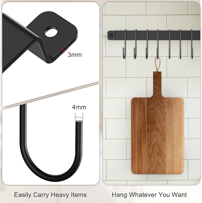 Kitchen Hanger Wall Mounted with 10 Hooks, Wrought Iron Kitchen Rail Utensil Holder Rack, Hanging Pots, Pans, Coffee Mug, Black, 17", 1 Pcs