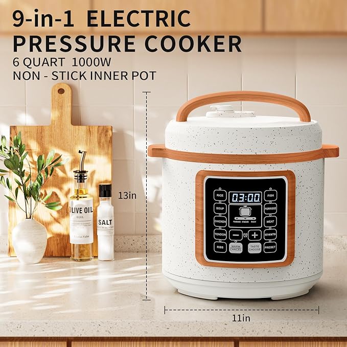 6 Quart Electric Pressure Cooker, 9-in-1 Stainless Steel Multi Cooker Pot, Rice Cooker, Slow Cooker, Food Pressure Cooker with Safety Lock, Auto Release, Delay Timer, Intelligent Presets