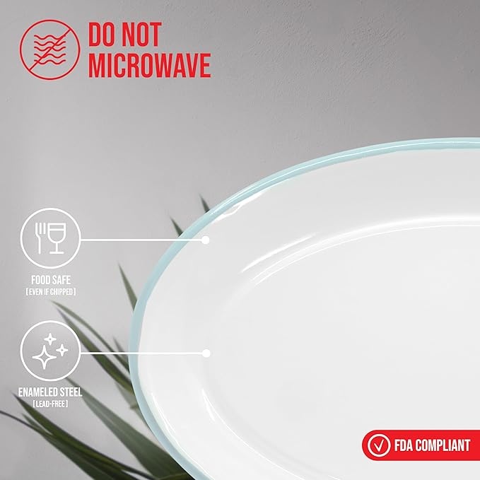 Red Co. Enamelware Metal Classic 13" Serving Oval Tray Platter, Solid White/Teal Rim