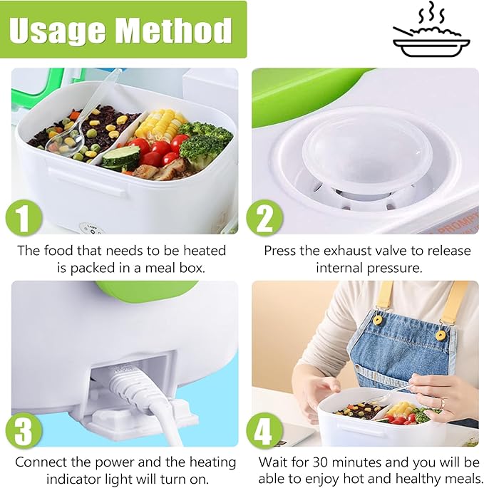 INVODA Electric Lunch Box 110V Food Heating Lunch Hot Box Portable Insulated Bento Box Electric Lunch Container for Office Travel Home (Green)