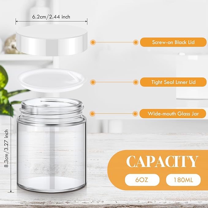 Domensi 24 Pcs Bulk 6oz Glass Jars with Lids Leakproof Round Airtight Empty Cosmetic Jars with Inner Liners Lid for Storing Lotions Spices Ointments Food Storage (White White)