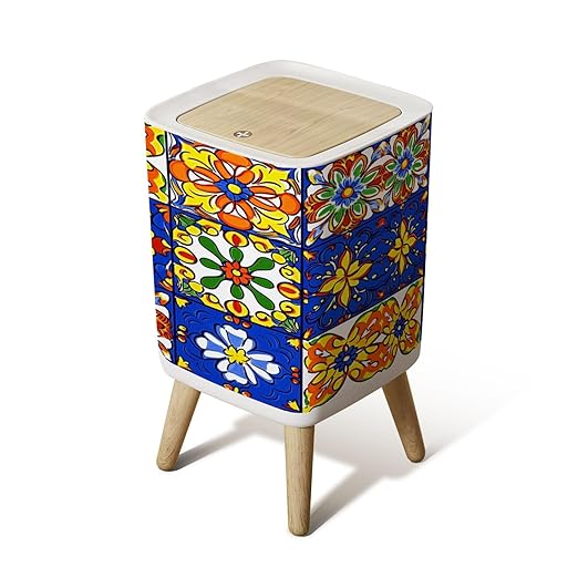 Small Trash Can with Lid Mexican talavera ceramic tile seamless pattern Ethnic folk ornament Wastebasket with Press Cover Dog Proof Garbage Can Waste Bin for Kitchen Bathroom Nursery 2.6 Gallon