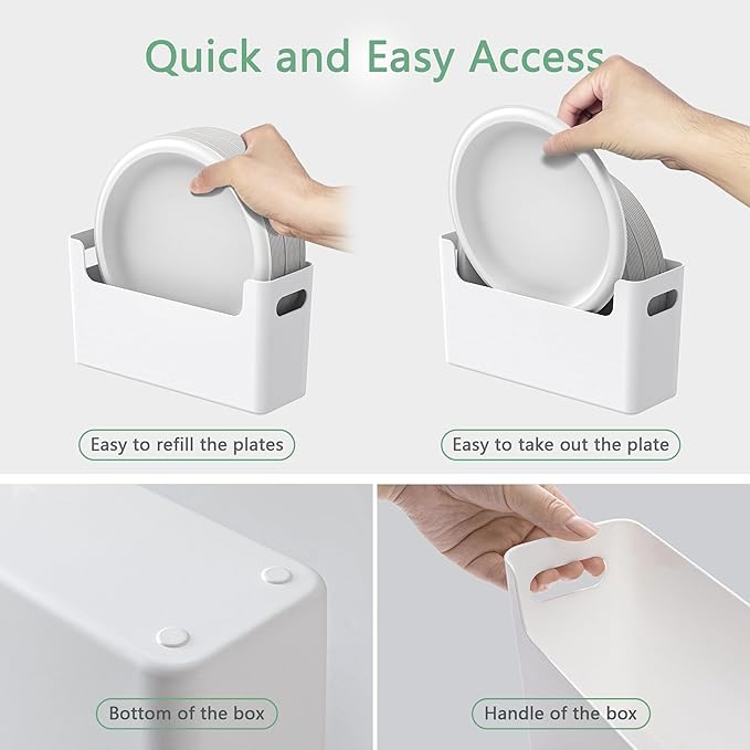 3Pcs Paper Plate Dispenser for 6-9.5 Inch Disposable Plates, Space-Saving Plastic, Foam and Paper Plate Storage Organizer for Cabinet, Countertop, RV or Outdoor (White)