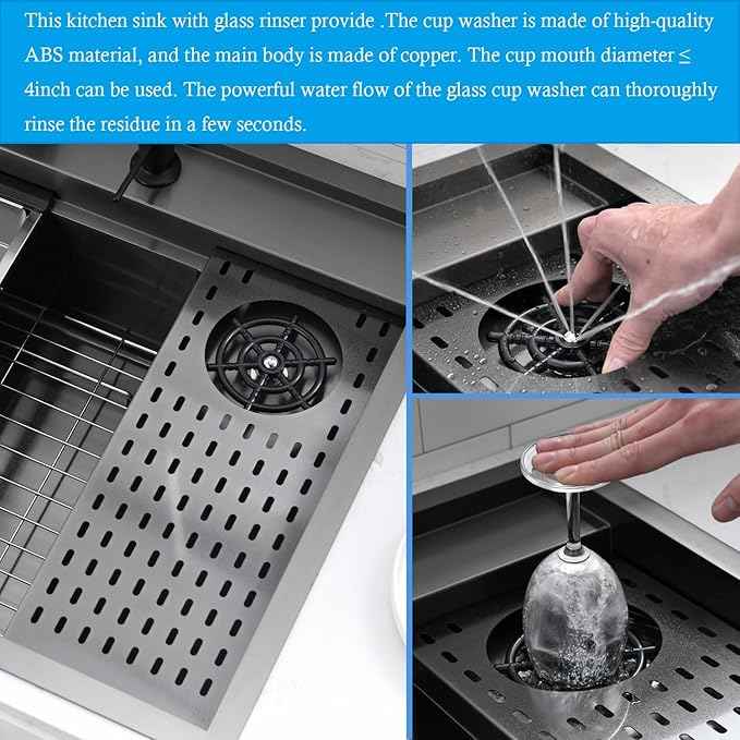 30 Inch Black Drop In Kitchen Sink Workstation with Glass Rinser -VOKIM 30x22 Drop In sink Workstation Stainless Steel 16 Gauge Deep Single Bowl Kitchen Sink