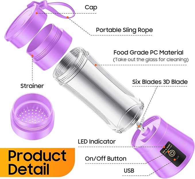 Cordless Portable Personal Size Blender - Mini Blender Make Smoothies and Shakes, 380Ml BPA Free Travel Cup, Powerful Blending Suit in Office/Home/Gym