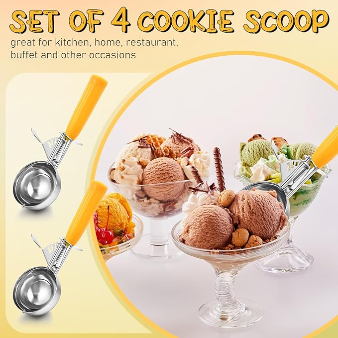 Reallnaive 4 Pcs Release Cookie Scoops Ice Cream Scooper with Trigger Release Portion Scoop Stainless Steel for Portion Control, Baking Food, Cookie Dough (1.6 oz,Yellow)