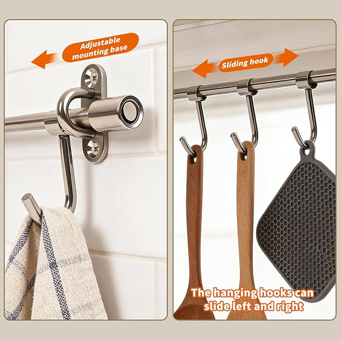 15.7" Kitchen Utensil Rack with Adjustable Holes - 7 Sliding Hooks 304 Stainless Steel, Pots and Pans Hanging Rack Wall Mounted 2 Pack
