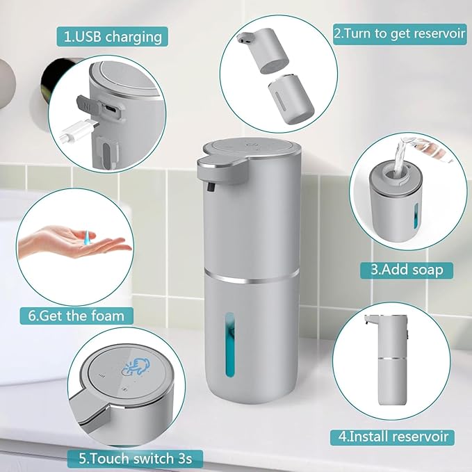 Automatic Liquid Soap Dispenser,Touchless Hand Soap Dispenser USB Rechargeabled Dispenser Electric,Wall Mounted 4 Levels Adjustable Dispenser Pump for Bathroom Kitchen Dish Soap Gray