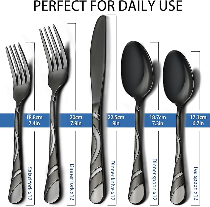 Black Silverware Set for 12, 18/0 Stainless Steel Frosted & Mirror Finish 60-Piece Flatware Set, Modern Cutlery Set for Wedding Restaurant Housewarming Party Event Serving For 12