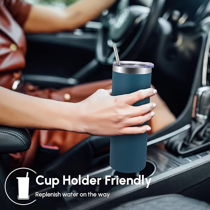 Volhoply 4 Pack Skinny Tumblers with Lid and Straw, 20oz Stainless Steel Straight Tumbler Bulk, Vacuum Insulated Coffee Mug for Home, Office, Travel, DIY (Dark Green,4 Pack)