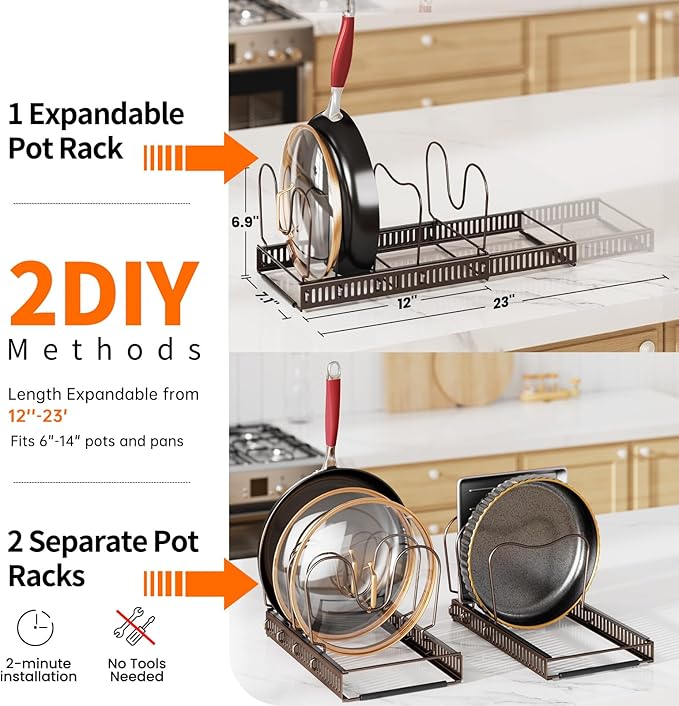 MUDEELA Pots and Pans Organizer under Cabinet, Expandable Pan Lids Organizers inside Cabinet with 12 Adjustable Dividers, Kitchen Storage Organization Pot Holder Cookie Sheet, Cutting Board Organizer
