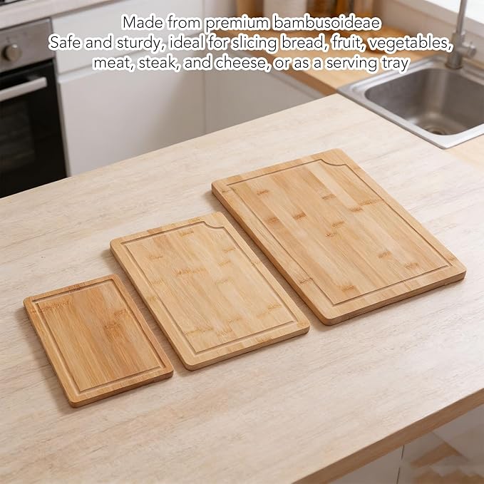 Chopping Boards,3PCS Natural Wood Cutting with Juice Grooves Inner Handles Multi Purpose Kitchen Prep Boards