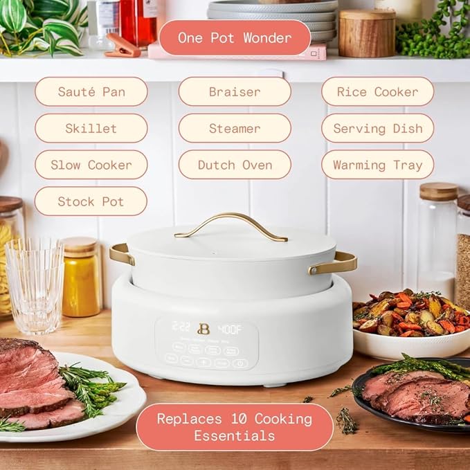New 10-in-1 Electric Multi-Cooker, 6 Quart Programmable Cooking Pot with Digital Display, Nonstick Interior, One-Touch Controls, Multi-Function Kitchen Appliance (White Icing)