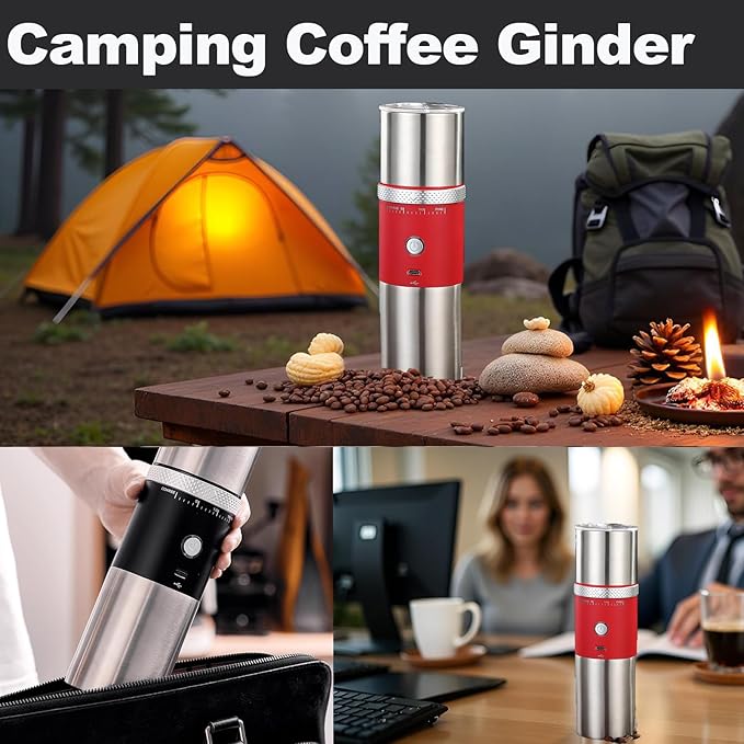 Portable Burr Coffee Grinder, Electric Adjustable Burr Mill Machine Suitable for Travel,Camping with Bag (Red)