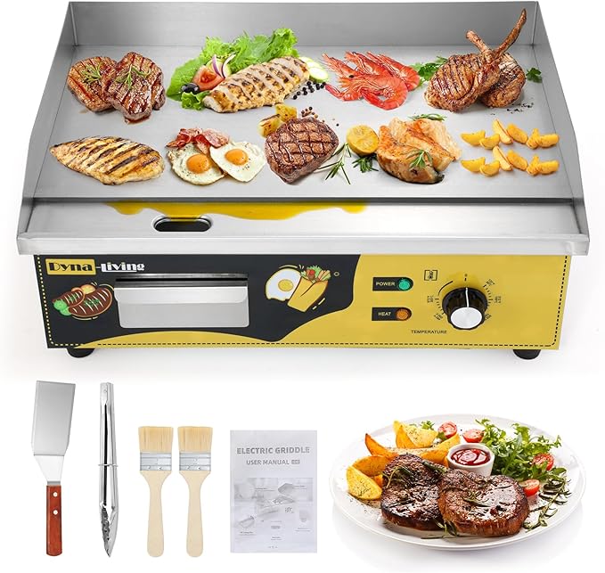 Dyna-Living Commercial Electric Griddle 22'' Stainless Steel Countertop Griddle 3000W 110V Flat top Grill Electric for Home Kitchen, Restaurant, 122℉-572℉ Temperature Adjustable