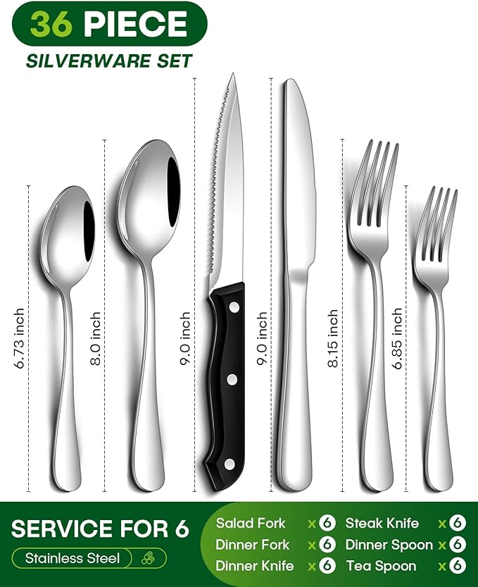 PHILIPALA 36 Pcs Silverware Set with Steak Knives Food-Grade Stainless Steel Flatware Set for 6 Mirror Cutlery Include Forks Spoons and Knives Set Dishwasher Safe Utensil Sets for Home Restaurant