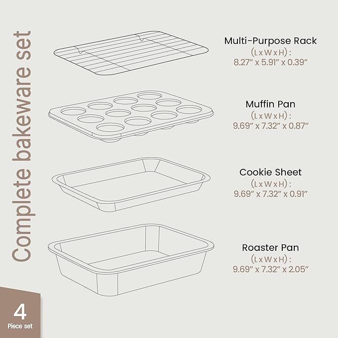 Bakken 4-Piece Bakeware Sets, Nonstick Carbon Steel Baking Sheet, Stackable Space-Saving Bakeware, Dishwasher Safe, Stain-resistant, PFOA, PFOS, & PTFE Free, Oven Safe Up To 450°F, Black