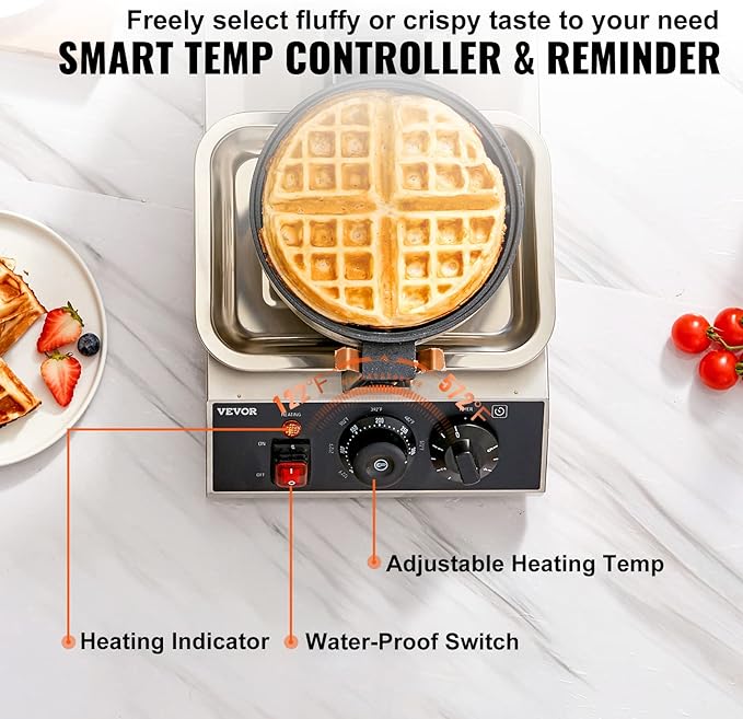 VEVOR Commercial Waffle Maker, 1 Piece per Batch, 1300W Round Waffle Iron, Non-Stick Waffle Baker Machine with 122-572℉ / 50-300℃ Temp Range Teflon-Coated Baking Pans Stainless Steel Body, 120V
