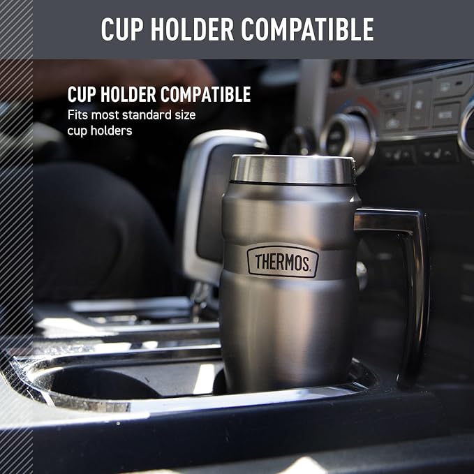 THERMOS Stainless King Vacuum-Insulated Travel Mug with Handle - 16oz, Matte Steel - Thermos Tumbler for Hot & Cold Drinks - Leak-Proof & Sweat-Proof Stainless Steel Coffee Mug with Lid for Commuting