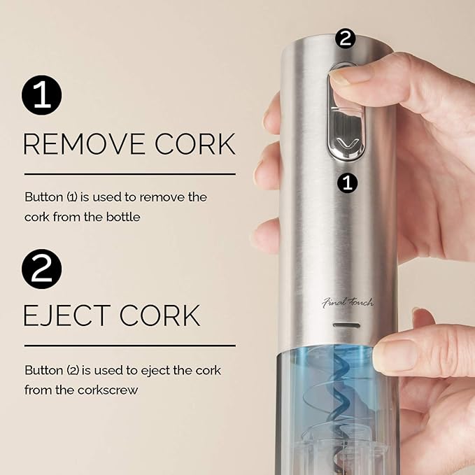 Final Touch Electric Corkscrew with Lithium-Ion Battery | Easy Cork Removal, USB Charging, LED Lights | Stainless Steel Wine Opener for Home and Parties (WO3032)