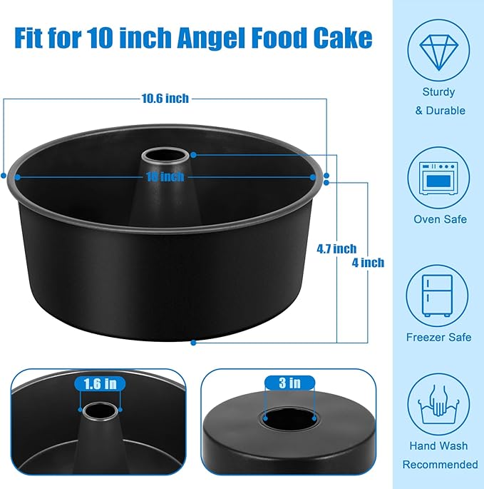 TeamFar 10 Inch Angel Food Cake Pan, Non-Stick Coating Stainless Steel Core Pound Cake Pan with Tube, Healthy & Heavy-Duty, One-piece & Hollow Design, Release Easily & Easy Clean, Set of 2