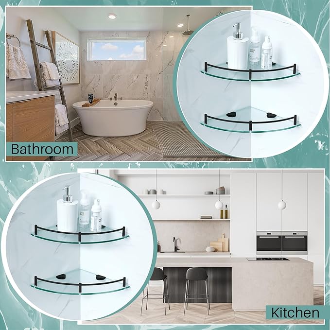 Crowye 2 Pcs Corner Shower Shelf 2-tier Glass Corner Shelf Stainless Steel Wall Mounted Bathroom Organizer for Storing Shower Gel Shampoo Brush, 9.25 Inches (Black)