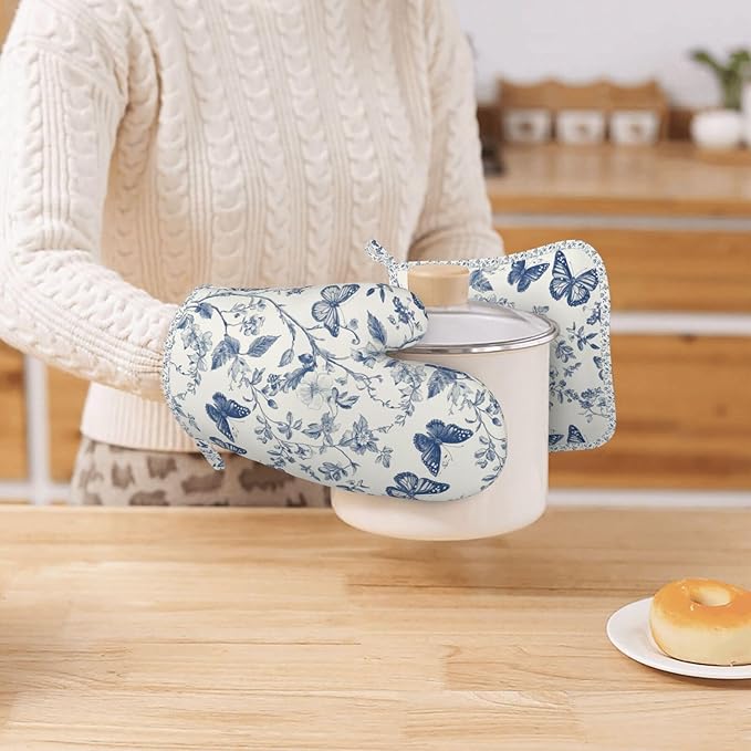Oven Mitts and Pot Holders Butterfly Flower Vintage Blue Silicone Kitchen Accessories Set of 4 Heat Resistant Long Gloves Potholder Non-Slip Grip for Chef Cooking Baking Grilling BBQ