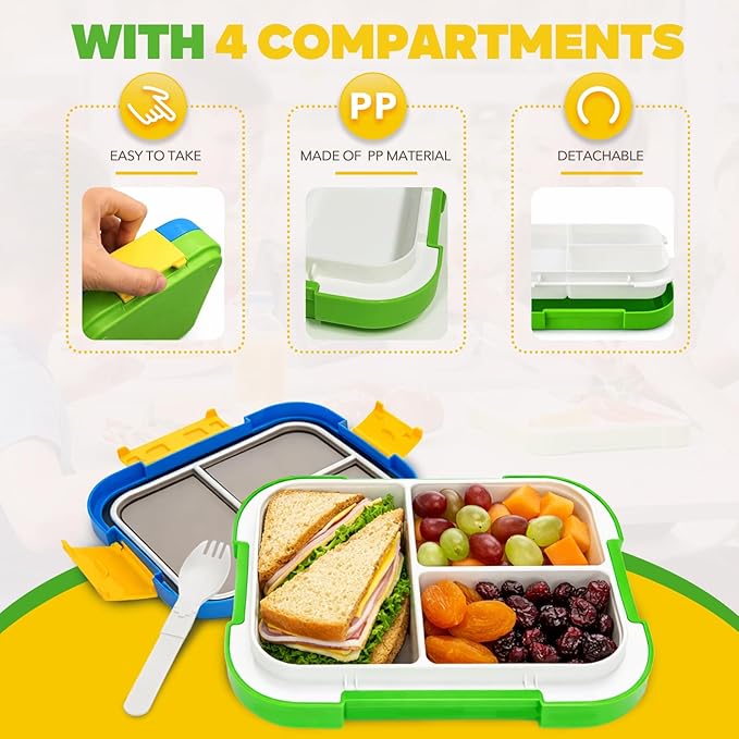 EASYFUN Bento Box Adult, Lunch Box, 3-Compartment Lunch Containers, Drop-Proof, Dishwasher Safe & Made with BPA-Free Materials (Blue green)