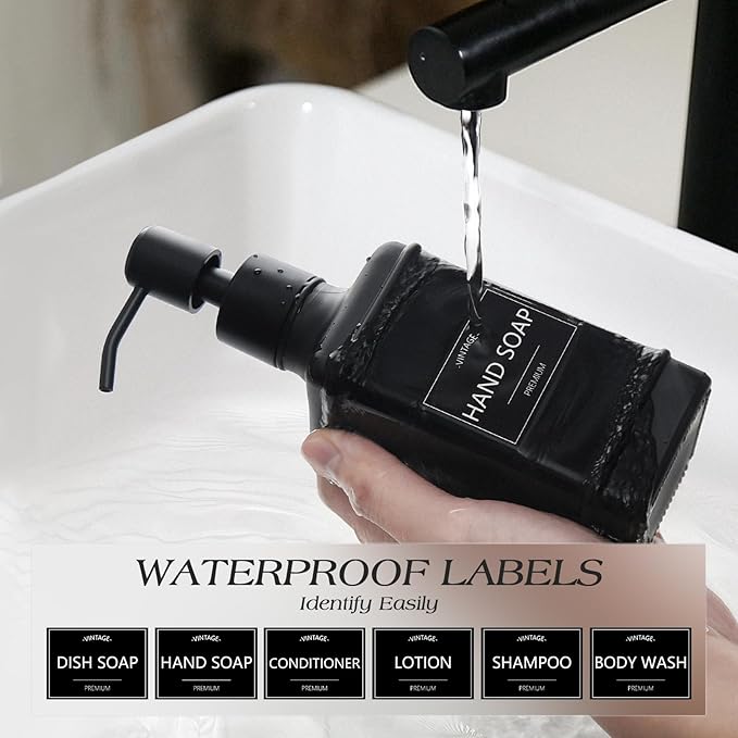 VIMERPA Dish Soap Dispenser with Adjustable Sponge Holder, 10 fl oz Kitchen Hand and Dish Soap Dispenser Set, Matte Black Bottle and Vintage Design