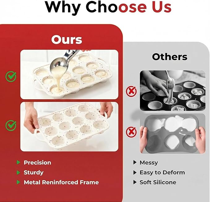 Silicone Muffin Pan for Baking: 12 Cup Muffin Pan with Metal Reinforced Frame, Regular Size Cupcake Egg Bites Molds for Baking, BPA Free Silicone Muffin Tray, Dishwasher Safe (1 Pack, White)