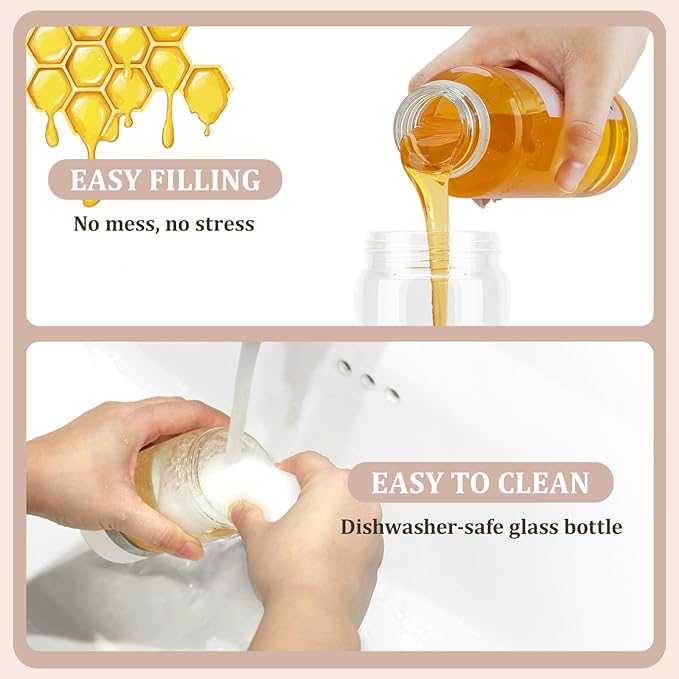 Aelga Honey Dispenser, Honey Dispenser No Drip 9 oz Glass Honey Jar with Handle & Base, Easy Pour Syrup Dispenser, No-Mess for Coffee, Tea, Waffles & Desserts, White