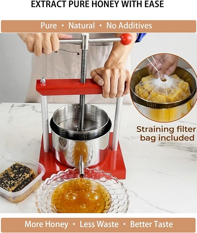 EJWOX 0.53 Gallon Manual Press - Stainless Steel Soft Fruit & Herb Juicer with Filter Bag - Multi-Functional Squeezer for Grapes, Berries, Honey & Cheese - Compact Top-Handle Design for Small Batches