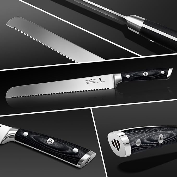 8" Bread Knife - Sourdough Cake Knife Professional 5Cr15MoV Stainless Steel Serrated Knives, Ergonomic Wood Handle & Full Tang Design, Gift Box Included(Single-Edge)