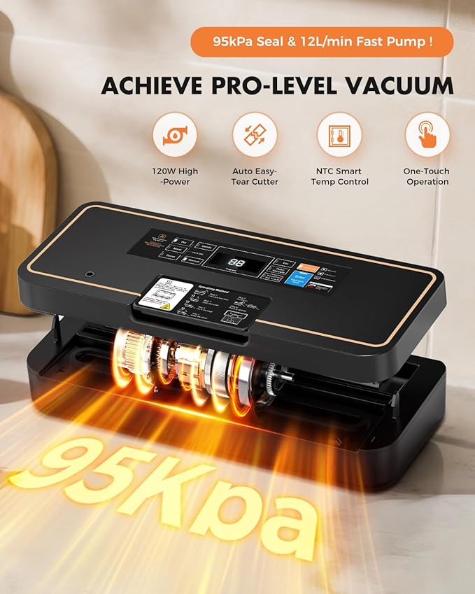 Vacuum Sealer for Food, 95kPa Food Saver Vacuum Sealer Machine, 135W Fast-Sealing with Easy Tear Cutter, Built-in Bag Storage
