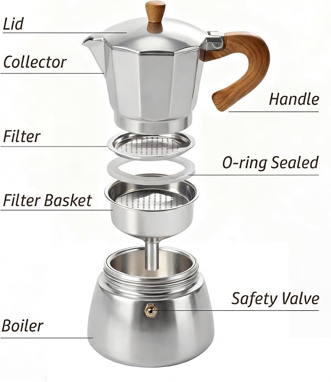 AGOGO Milano Moka Pot Stovetop Espresso Maker with 100 Paper Filters for Sediment-Free Coffee, Classic Italian Greca with Wood-Grain Handle,Cleaning Brush & Towel 6 Cup (10oz / 300ml) Silver