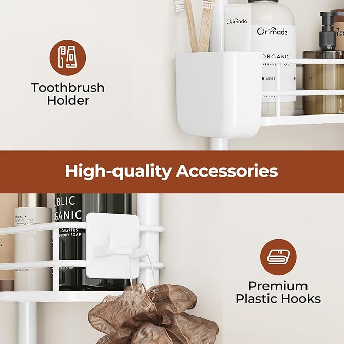 Orimade Rustproof 4 Tier Floor Standing Corner Shower Caddy Organizer with Toothbrush Holder, Large Spacing Floor Shower Shelf Rack Storage Stands with Hooks for Bathroom Kitchen, White