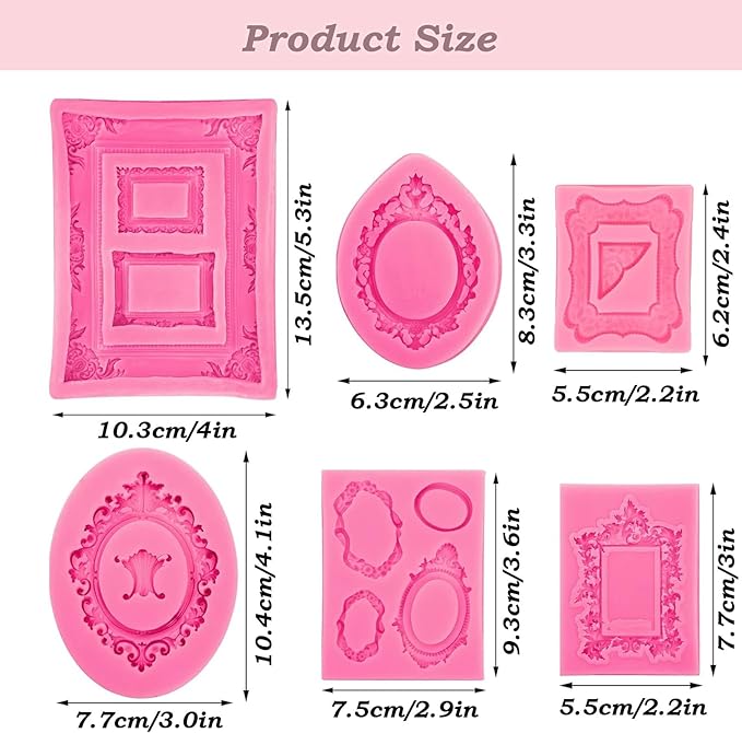 6 PCS Photo Frame Silicone Molds Frame Chocolate Silicone Molds Vintage Style Picture Frame Moulds for Cake Decorating Cupcake Topper Chocolate Candy Polymer Clay