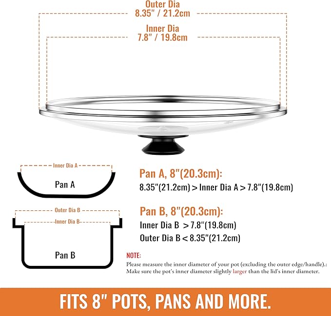 8 Inch Pan Lid For Pots Pans and Skillets, Cast Iron Skillet Lid, Tempered Glass Pan Lids Replacement, Pot Covers for Cooking, Wok, Crock Pot Lid with Stainless Steel Rim, Frying Pot Lids Only