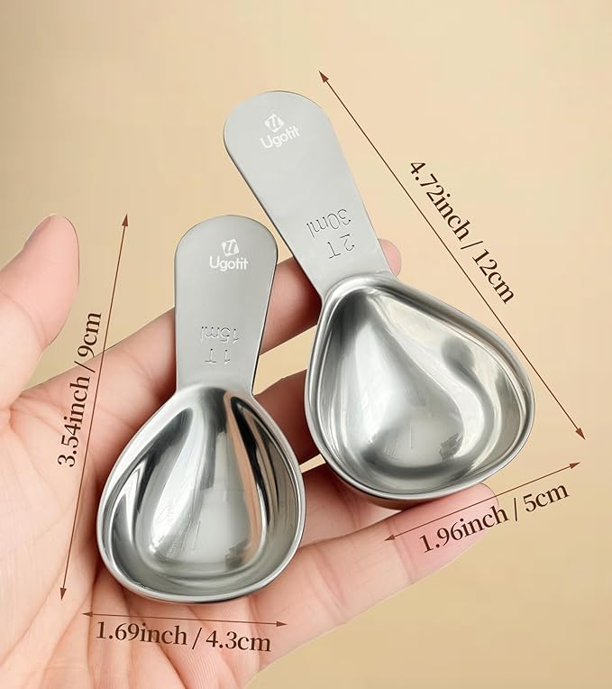 Ugotit Coffee Scoop for Ground Coffee, 1 Tablespoon & 2 Tablespoon Measuring Scoop Set, Heavy-Duty Short Handle 304 Stainless Steel, Fits Airscape Coffee Canister, Espresso & Protein Powder Container