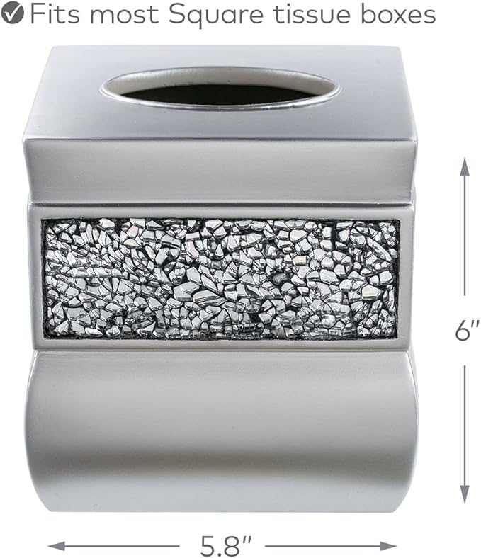 Creative Scents Crackled Glass Silver Tissue Box Cover Square - Decorative Tissue Box Holder - Tissue Holder Vessel for Bathroom with Durable Bottom Slider, Elegant Home or Bathroom Decor